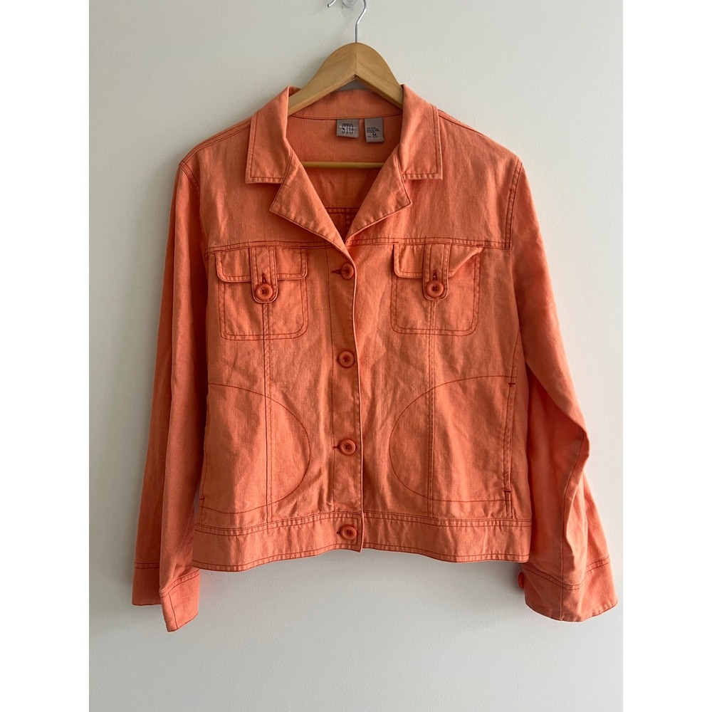 VTG 90s STO Linen Cotton Shirt Jacket M Coral Peach Chore Coat Topstitch Spring